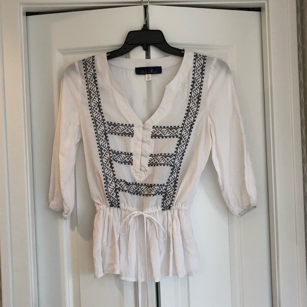 Women’s Blue Rain drawstring blouse.